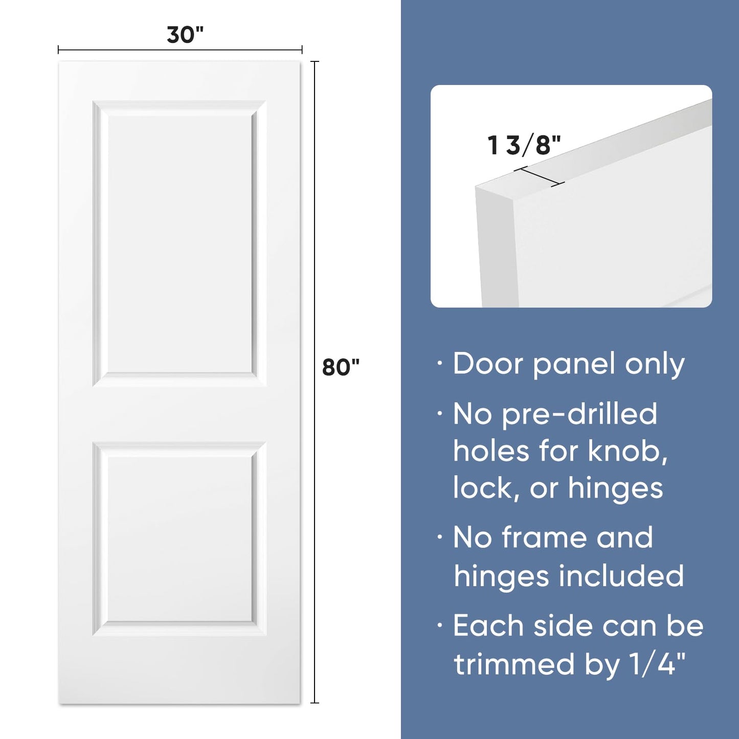 BARNSMITH 30x80 in Raised 2-Panel Square Top Smooth White Primed Molded Door Slab, Paintable Hollow Core Interior Door Panel, for Swing, Pocket, Sliding Door, Durable and Lightweight