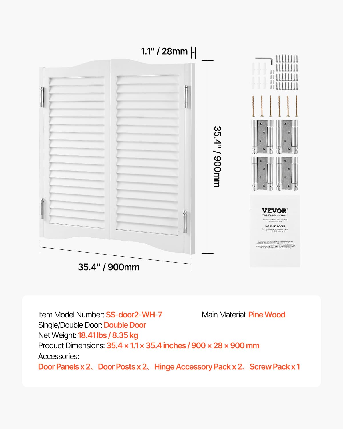 VEVOR Double Saloon Swinging Doors, 36" W x 36" H Arched Top Interior Swinging Cafe Doors, Premium Pine Wood, with Hinges & Hardware Kit, Easy to Install, for Hallway Kitchen Bar Pub Entrance, White