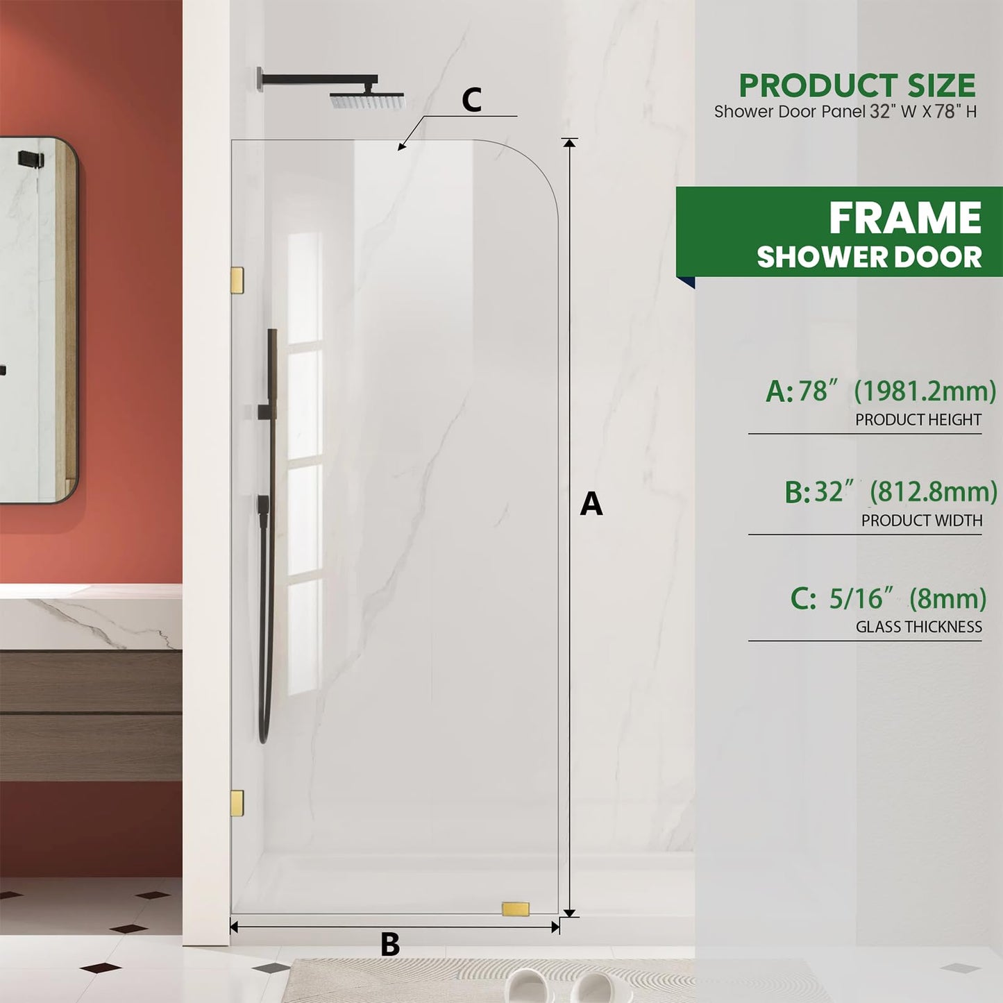 Shower Glass Panel 32" W ×78" H Fixed Frameless Shower Door in Brushed Gold 5/16"(8mm) Thick Clear Tempered Glass Panel with Clamps Bathroom Screen for Walk in Shower