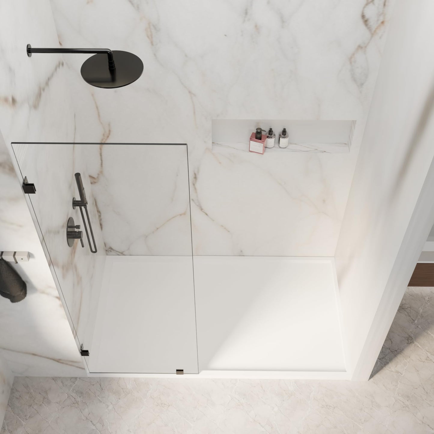 30" W x 72" H Fixed Shower Glass Panel, 3/8” 10mm Single Frameless Shower Doors for Walk in Shower with Clear Tempered Glass Explosion-Proof Film for Bathroom, Matte Black