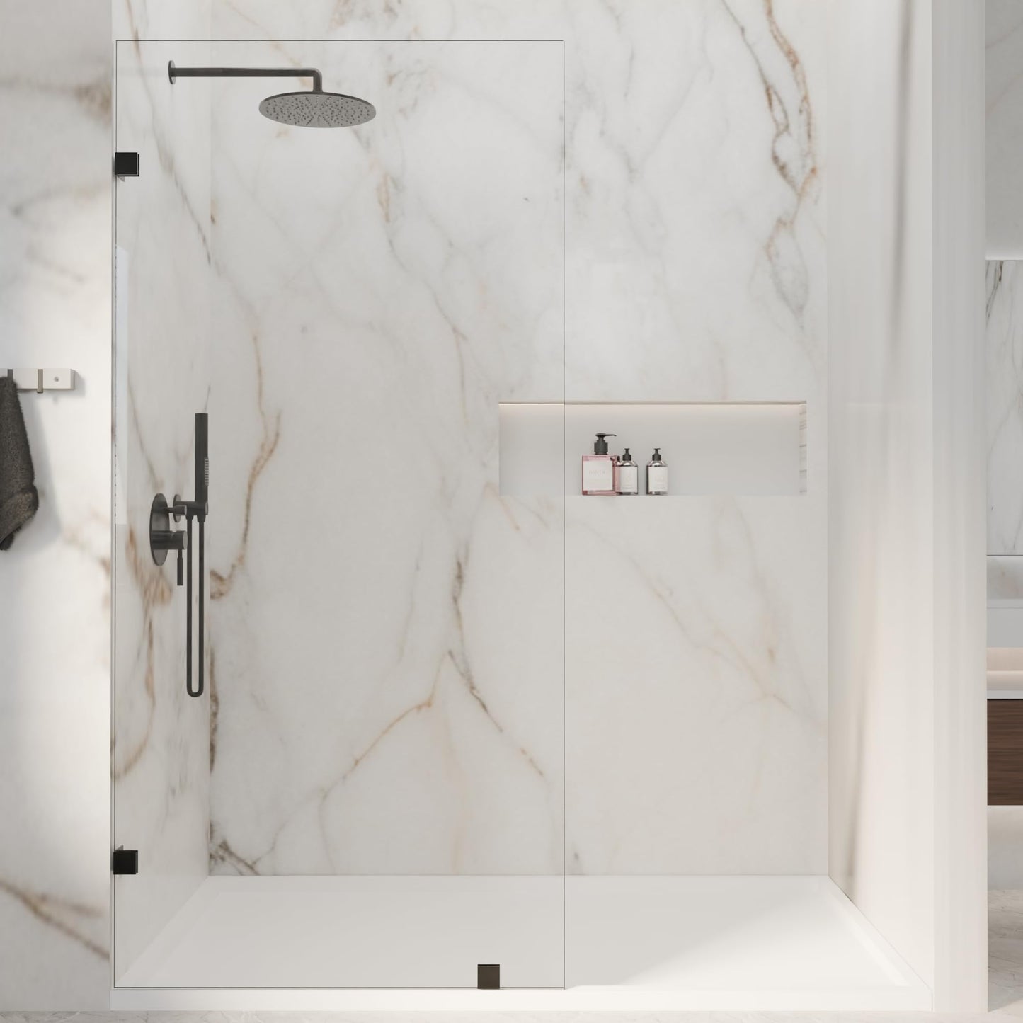 32" W x 72" H Fixed Shower Glass Panel, 3/8” 10mm Single Frameless Shower Doors for Walk in Shower with Clear Tempered Glass Explosion-Proof Film for Bathroom, Matte Black