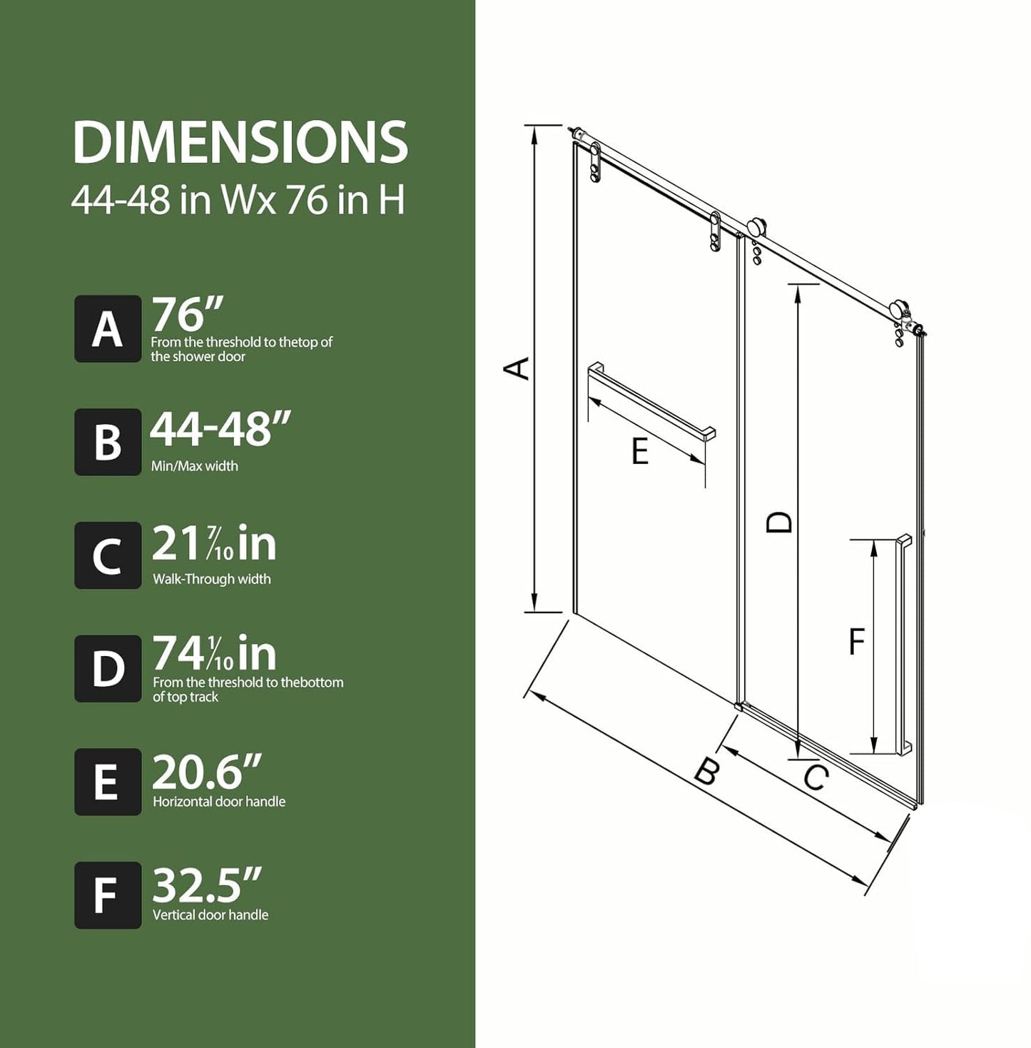 44-48" W x 76" H Glass Shower Door, Frameless Shower Door with 5/16" (8mm) Clear SGCC Tempered Glass, Explosion-Proof Film, Stainless Steel Hardware, Chrome