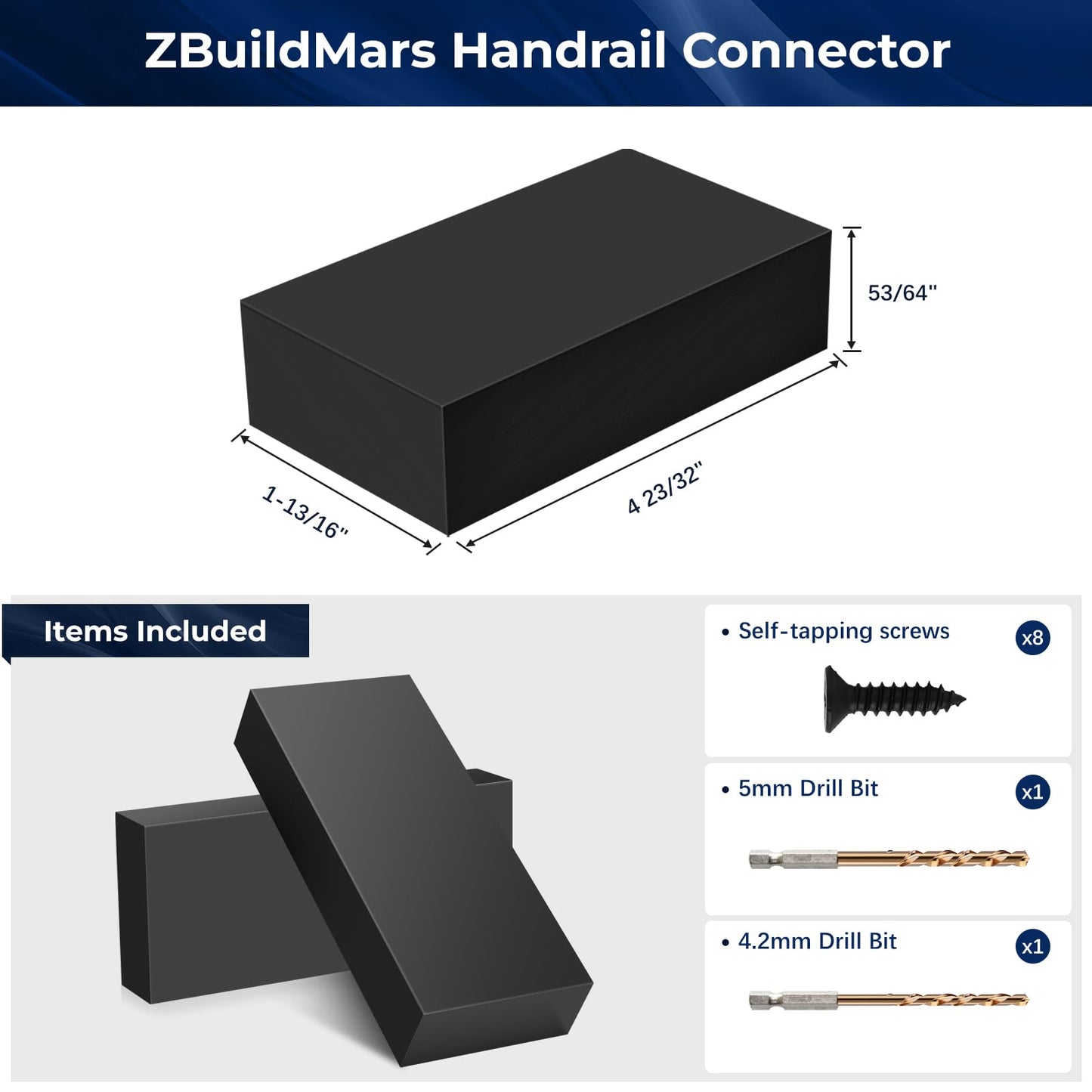 ZBuildMars 2 Pack Handrail Connector, 120mm x 46mm x 21mm, Black, POM Material, Polished Finish, Ideal for 50x25mm Stainless Steel Flat Handrails
