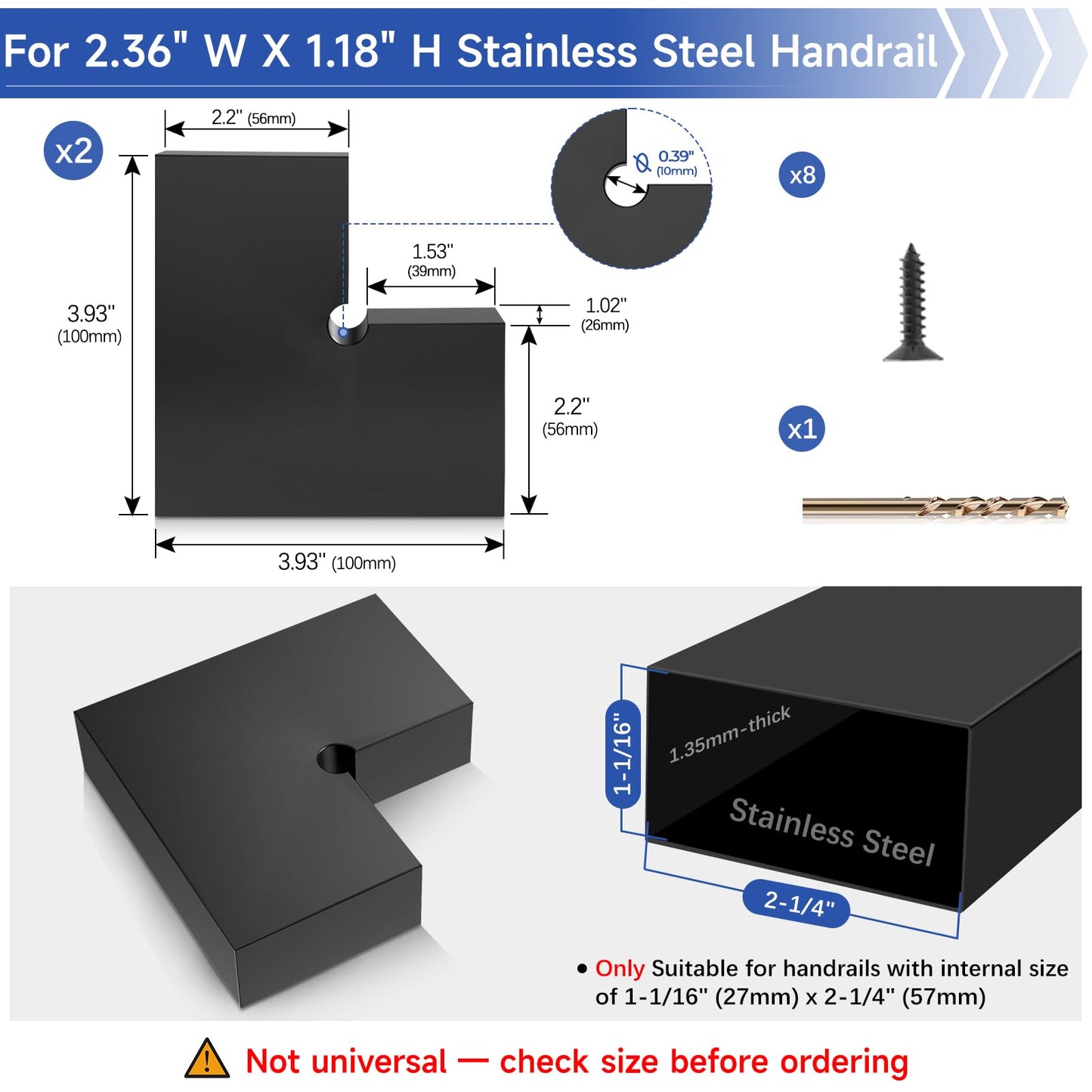 Zylorix 2Pack Corner Connector for 2.36" W x 1.18" H Stainless Steel T304 Black Handrail, High Strength POM Flat Handrail Accessories Fitting for Cable Railing with Screws, Black