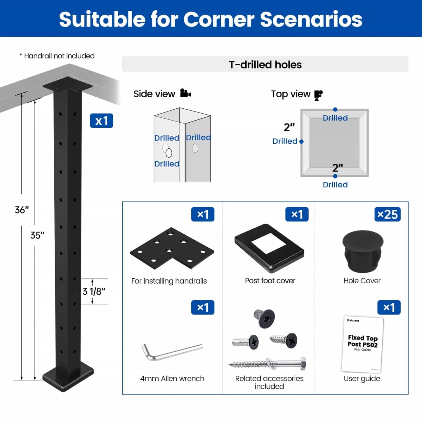 Muzata Black Corner Cable Railing Post 36 Inch 36"x2"x2" T-drilled One-Post Corner Solution Surface Mount Stainless Steel Cable Railing System Kit Indoor Outdoor with Paper User Guide PS02 B34S