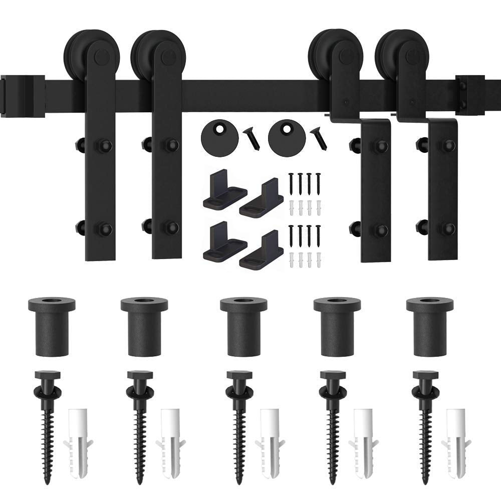 WINSOON 6FT Rail Single Track Bypass Sliding Barn Door Hardware Kit for Double Doors, Low Ceiling, Easy Mount, Heavy Duty, Slide Quietly and Smoothly