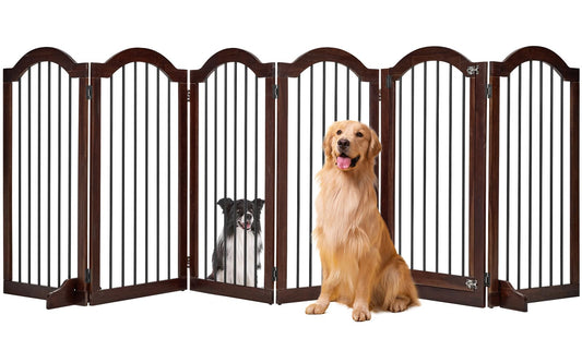 PrimeZone 144" Extra Wide Dog Gate - 36" Tall 6-Panel Solid Acacia Wooden Freestanding Puppy Gates with Door, Foldable Indoor Pet Fence for Doorways, Stairs, Support Feet Included, Brown