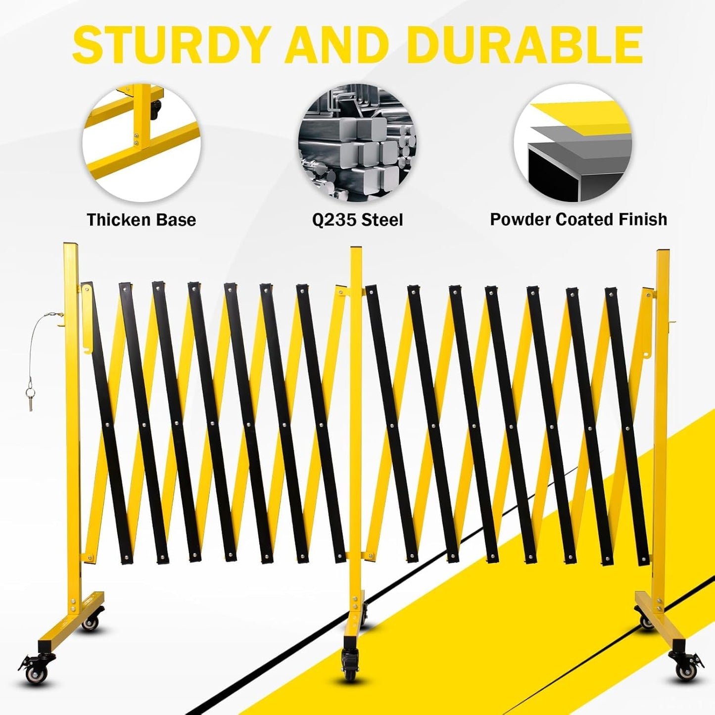 23FT Traffic Barricade with Casters, Metal Expandable Barricade, Folding Security Gate, Retractable Fence Outdoor Barricade Fence for Construction Area, Traffic Control
