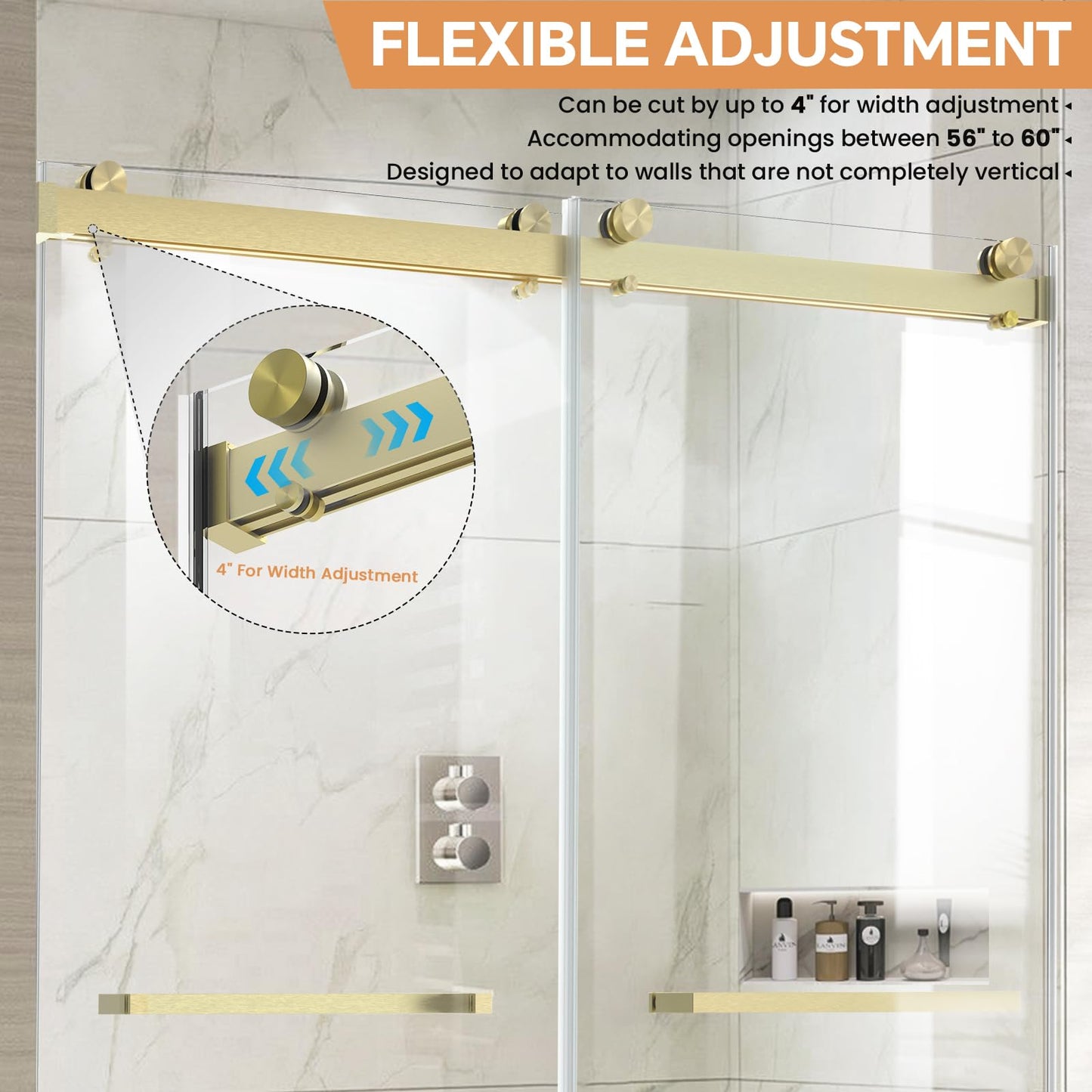 AquivaCoast Frameless Shower Door, 56-60 in W x 76 in H, Soft-Close Double Sliding Shower Door, 5/16" (8mm) Clear Tempered Glass with Double Rollers, Brushed Gold