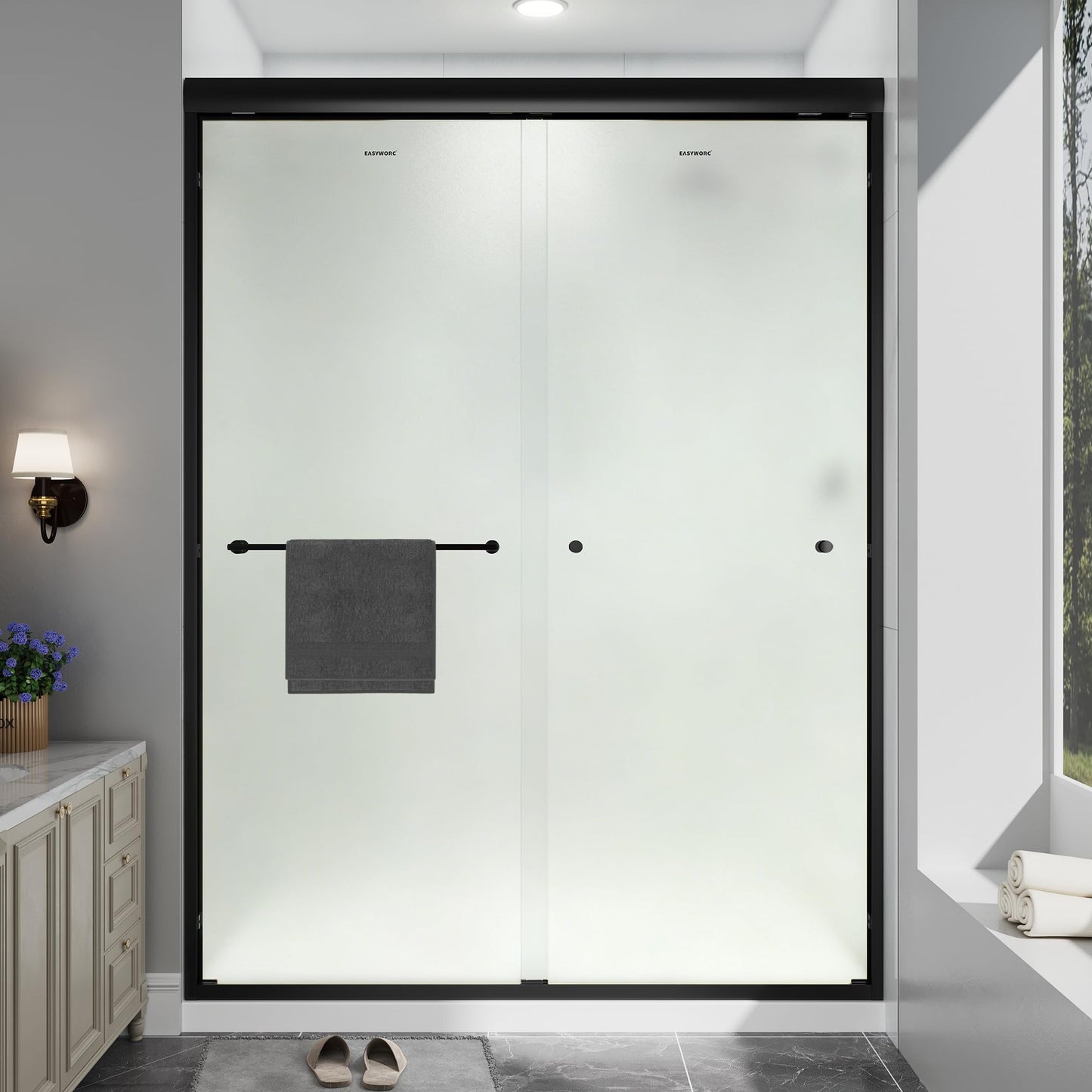 EASYWORC Double Sliding Shower Door, 43"-48" W x 70" H Semi-Frameless Frosted Shower Door, 1/4'' (6mm) Frosted SGCC Tempered Glass with Nano Coating and Explosion-Proof Film, Matte Black