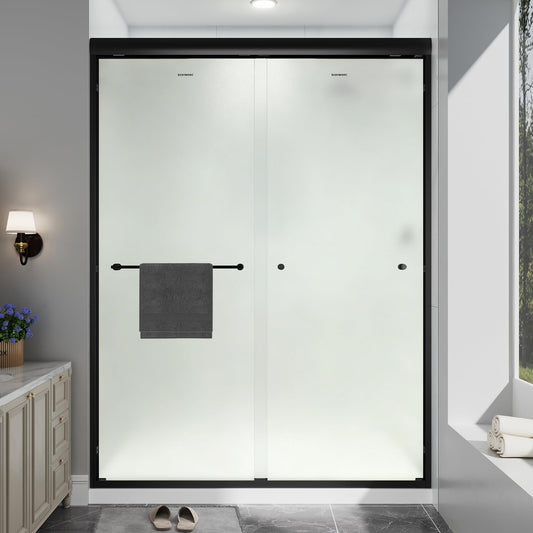 EASYWORC Double Sliding Shower Door, 43"-48" W x 70" H Semi-Frameless Frosted Shower Door, 1/4'' (6mm) Frosted SGCC Tempered Glass with Nano Coating and Explosion-Proof Film, Matte Black