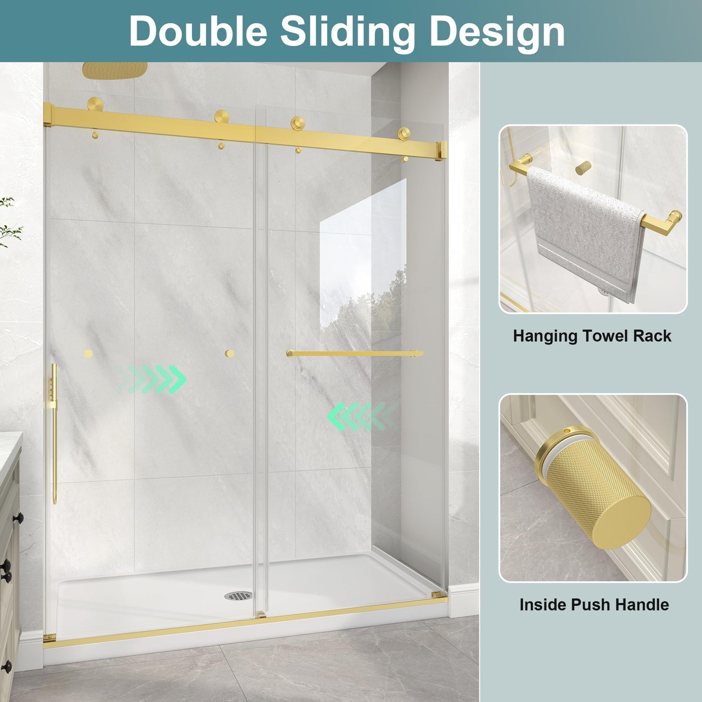 KPUY Frameless Shower Door, 43-48" W x 76" H Double Sliding Glass Shower Door, 1/4" (6mm) Thick Tempered Clear Glass with Explosion-Proof Film Nano Coating, Brushed Gold
