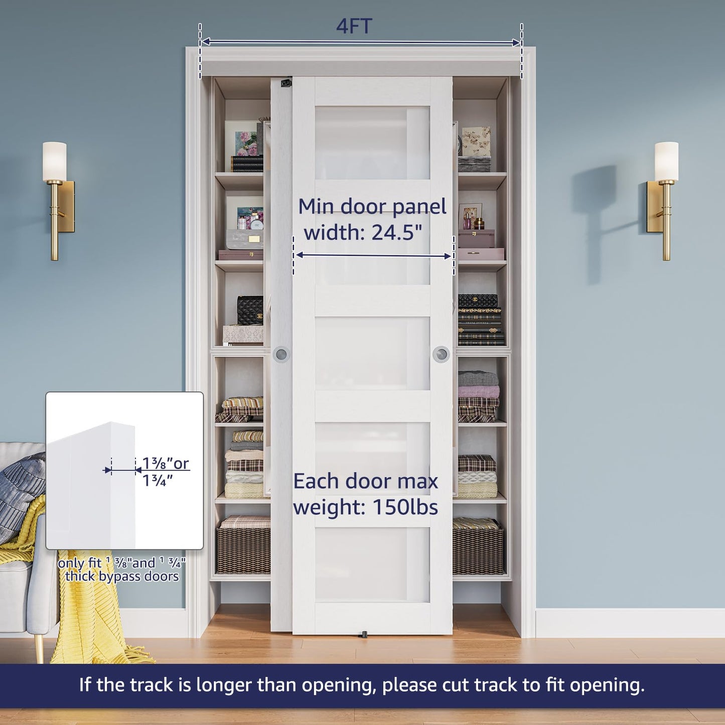 COSHOMER 4FT Bypass Door Hardware, Closet Door Track Kit, Top-Mounted Style, Made of Heavy Duty Aluminum, Smoothly and Quietly, for 2 Doors System - Fit Min Door Panel Width of 24.5in, Silver