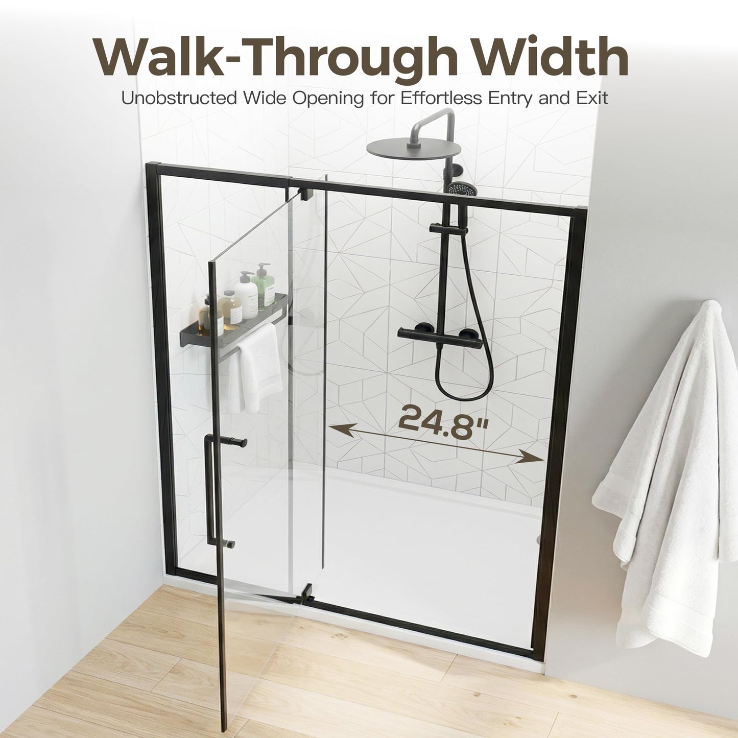 56-60" W x 72" H Pivot Shower Doors, Semi-Frameless Swing Water Repellent Glass Shower Doors with 1/4" (6mm) Clear SGCC Tempered Glass, Matte Black Finish, Reversible Installation, Magnetic Closing