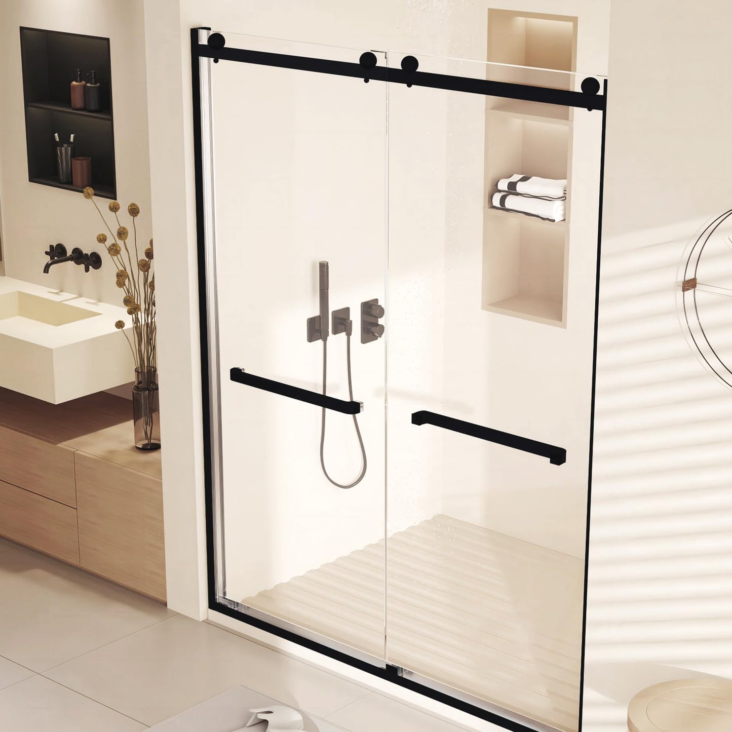 MilleLoom Shower Door, Semi-Frameless Sliding Shower Door with Explosion-Proof Film Clear Tempered Glass, Double Sliding Shower Door with Stainless Steel Handle & Water Seal Strips, 60" x76"