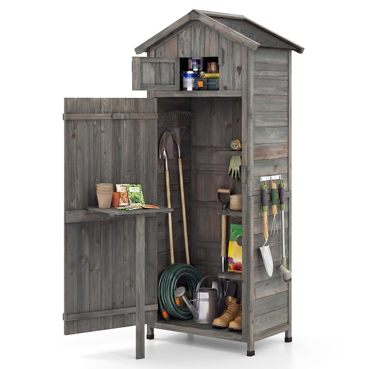 Goplus All-in-One Storage Shed, 70" Tall Wooden Lockable Cabinet w/Foldable Work Table, Vertical Utility Tool Organizer w/Shelves & Hooks, Waterproof Garden Shed for Patio Backyard (Gray)