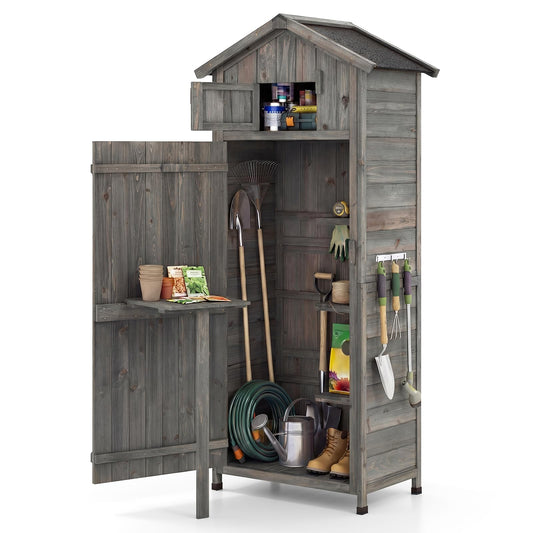 Goplus All-in-One Storage Shed, 70" Tall Wooden Lockable Cabinet w/Foldable Work Table, Vertical Utility Tool Organizer w/Shelves & Hooks, Waterproof Garden Shed for Patio Backyard (Gray)