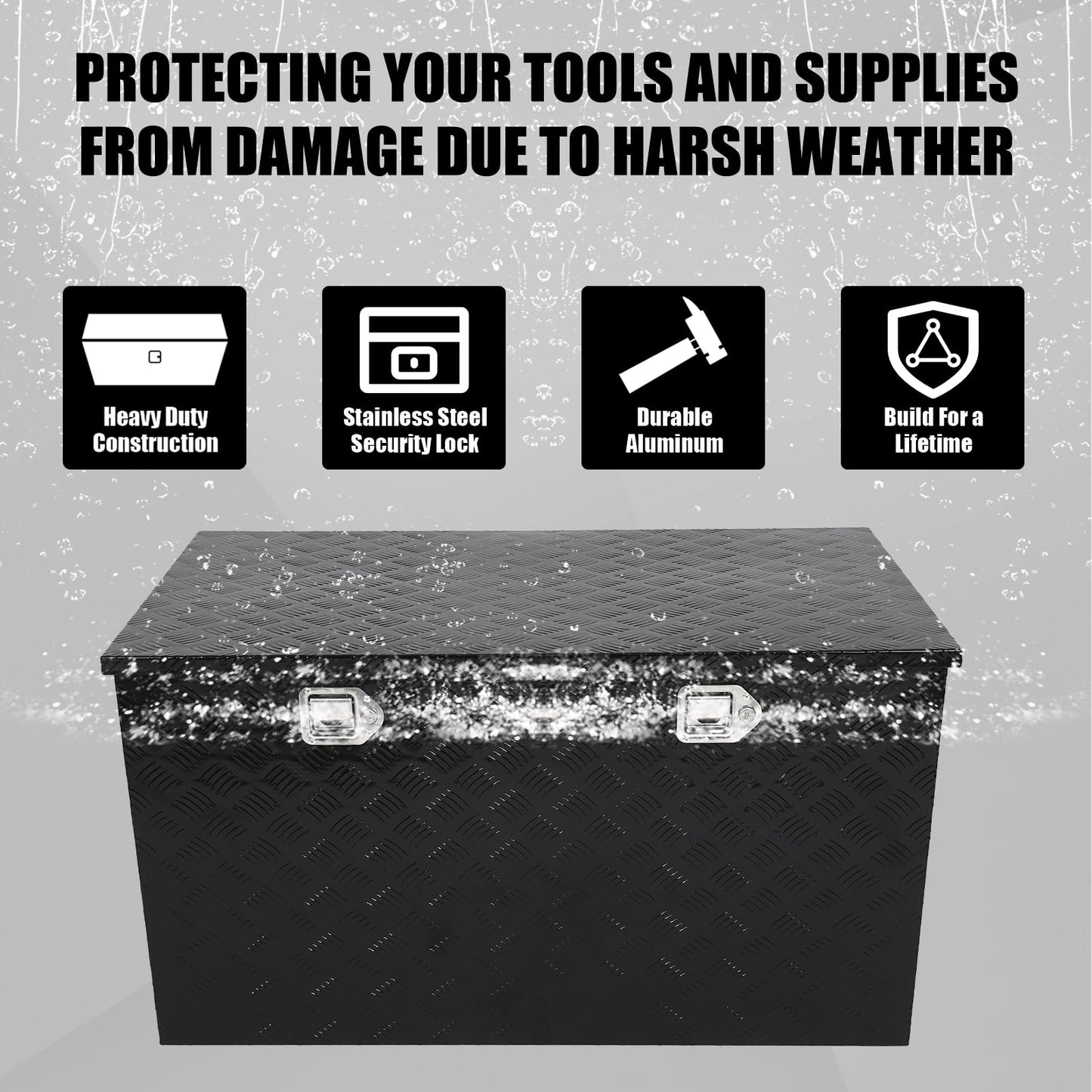 confote 44 Inch Heavy Duty Aluminum Stripes Plated Tool Box Pick Up Truck Bed RV Trailer Toolbox Waterproof Square Storage Organizer with Side Handle, Lock and Keys -44"x 24"x 24"，Black