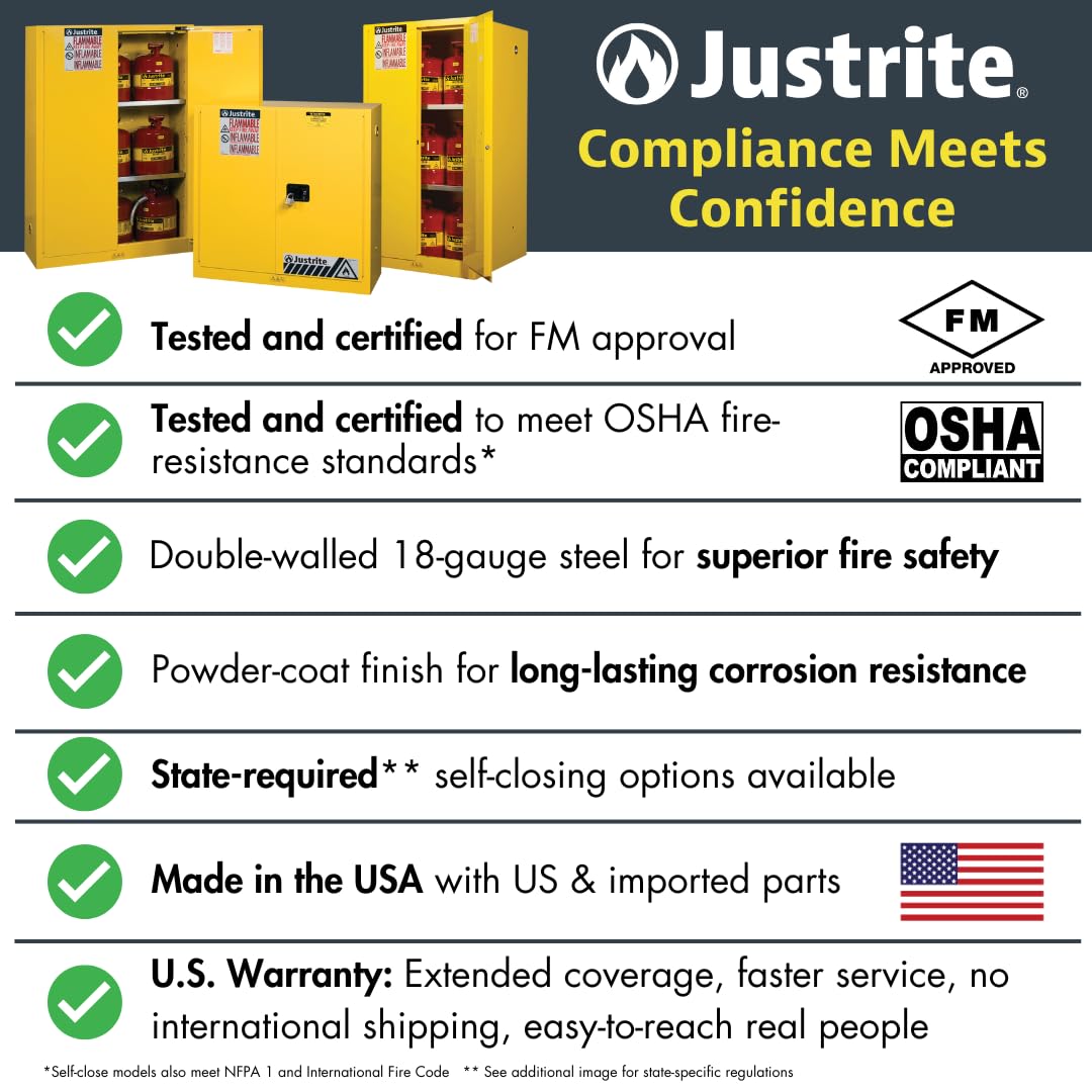 Justrite 17 Gallon Manual Close Piggyback Flammable Storage Cabinet, 18 Gauge Steel, 1 Shelf, 2 Door Fire Cabinet, 24" x 43" x 18", Made in The USA, Yellow, 891700