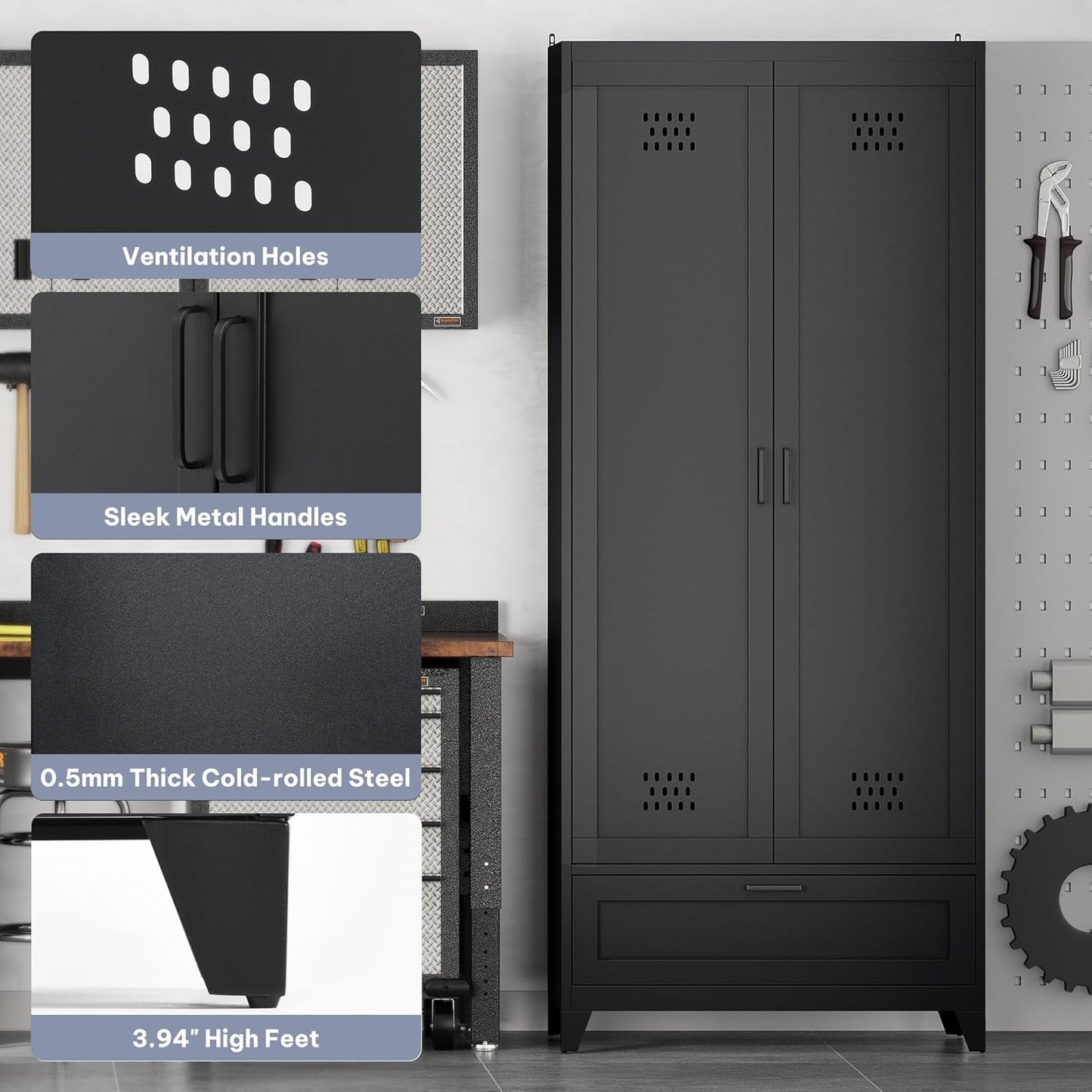 YITAHOME 71" Metal Garage Broom Cabinets with Adjustable Shelves, Vacuum Storage Cabinet with Doors and Drawer, Tool Storage Cabinet for Gym, Basement, Warehouse, Black, Metal