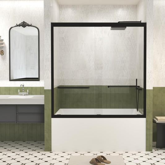 Favfurish 56-60" W×60" H Bathtub Shower Door,Aluminum Frame Double Sliding Door with 1/4 (6 mm) Tempered SCGG Glass,Explosion Proof Film,Stainless Steel Handle,2 inch Adjustment,Matt Black