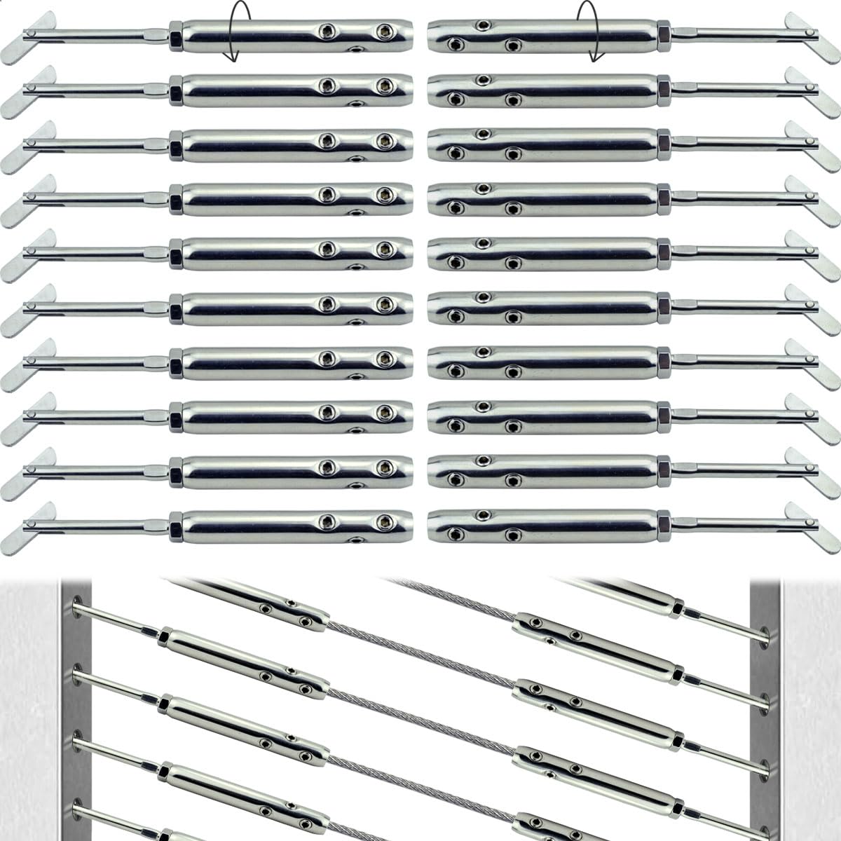 Iutuuk Swageless Tensioners for Metal Posts Cable Railing Hardware Kit, for 3/16 Stainless Steel Cable Rrailing System, Adjustable Angle Swageless Drop Pin Tensioners Left & Right 10 Pairs