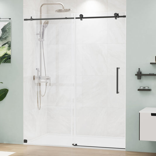 MORDEER Sliding Shower Door 56-60" W x 72" H, Frameless Glass Shower Door 5/16"(8mm) SGCC Tempered Clear Glass with Explosion-Proof Film, Shower Sliding Door with Stainless Steel Hardware, Matte Black