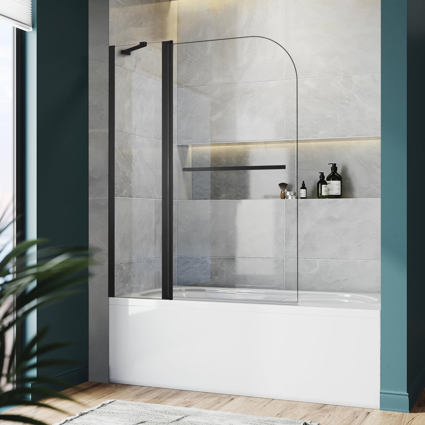Bathroom Shower Glass Door, Tub Shower Glass Door 43”*58” Screen Panel Tempered Glass, Frameless Pivot Shower Door Matte Black with Handle