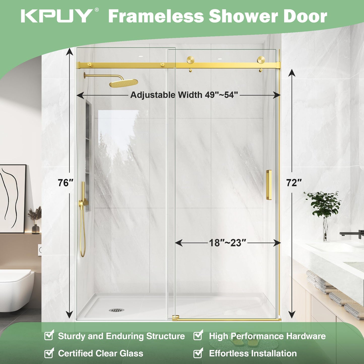 KPUY Frameless Shower Door, 49-54" W x 76" H Sliding Shower Glass Door, 1/4" (6mm) Thick Tempered Clear Glass with Explosion-Proof Film Nano Coating in Brushed Gold Finish