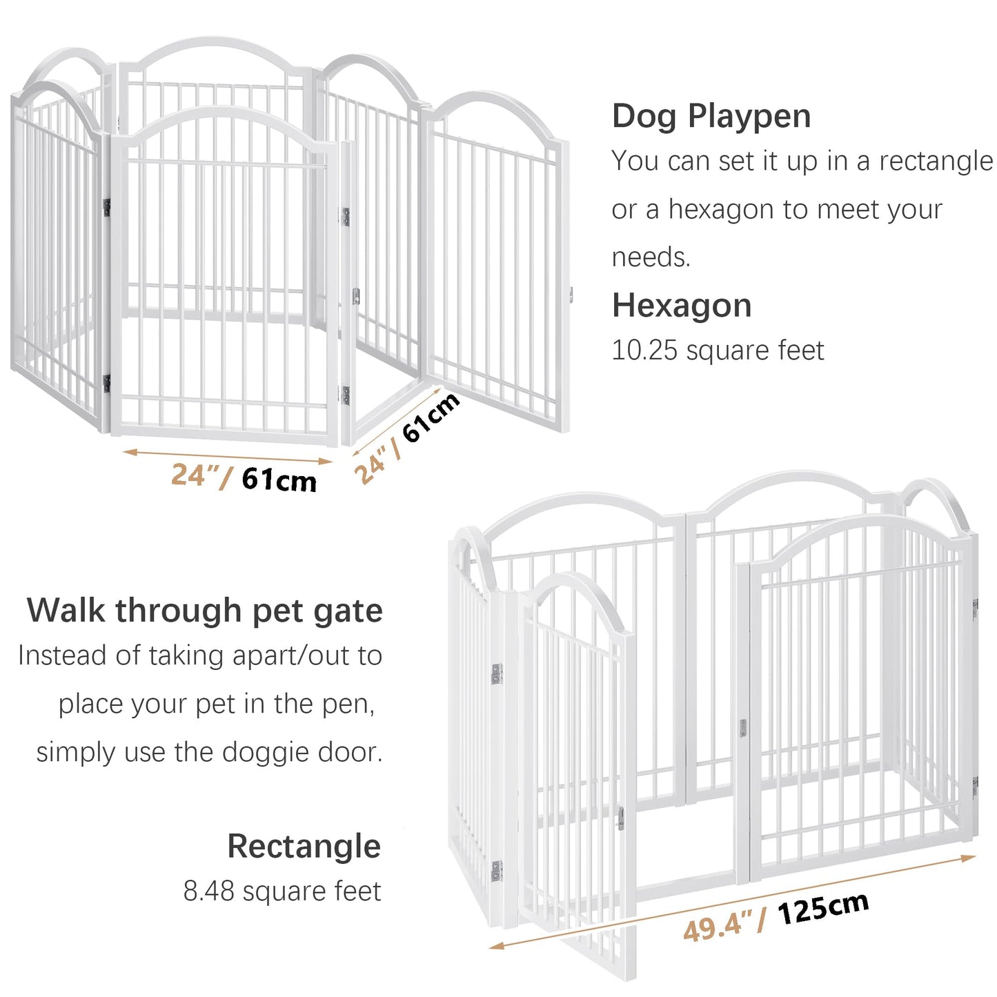 BHG Metal No-Assembly Freestanding Dog Gate with Door Walk Through, Extra Wide 144", Extra Tall 32" Pet Gate, Accordion Puppy Folding Playpen Dog Fence, with 2PCS Support (White, 6 panesl)