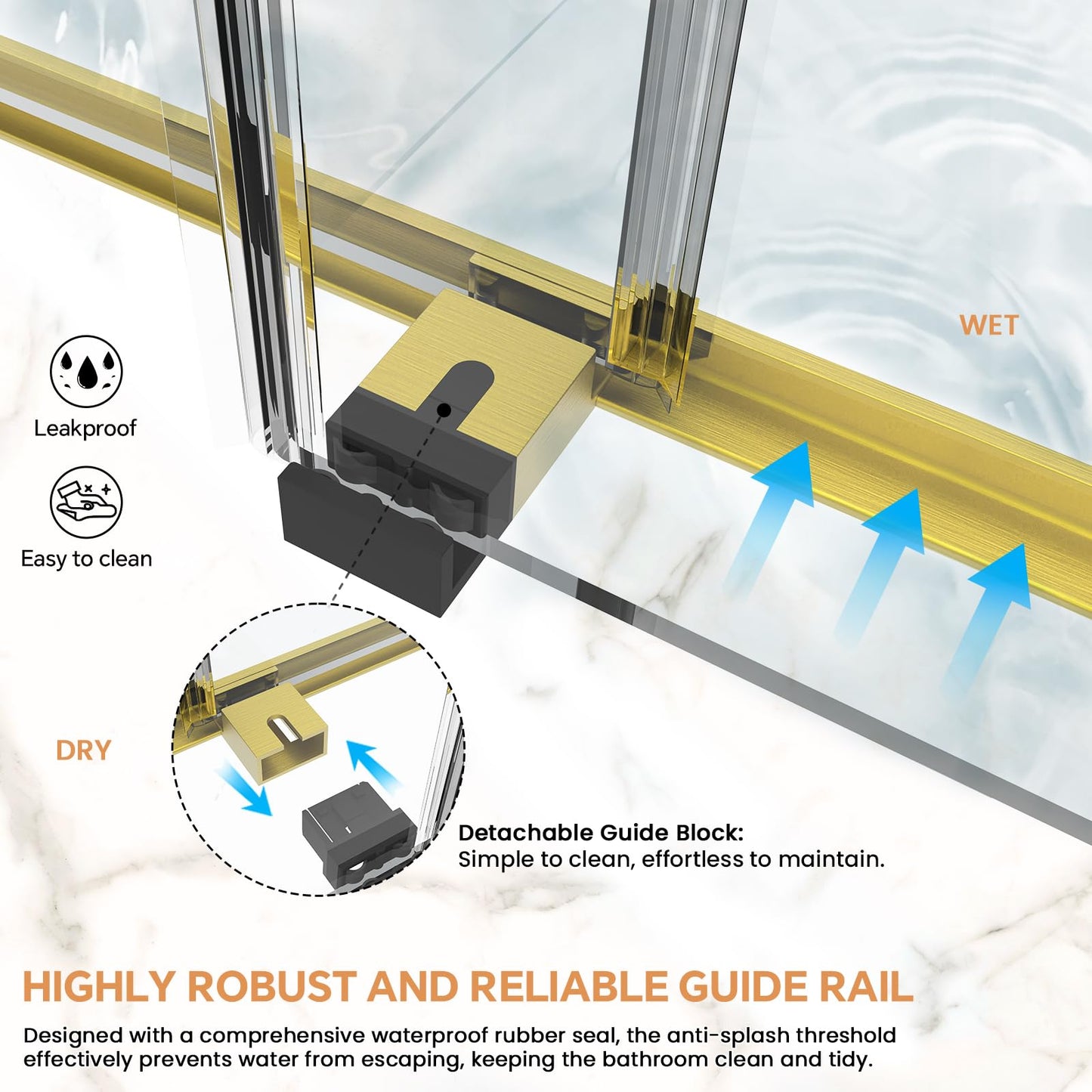 AquivaCoast Frameless Shower Door, 56-60 in W x 76 in H, Soft-Close Double Sliding Shower Door, 5/16" (8mm) Clear Tempered Glass with Double Rollers, Brushed Gold