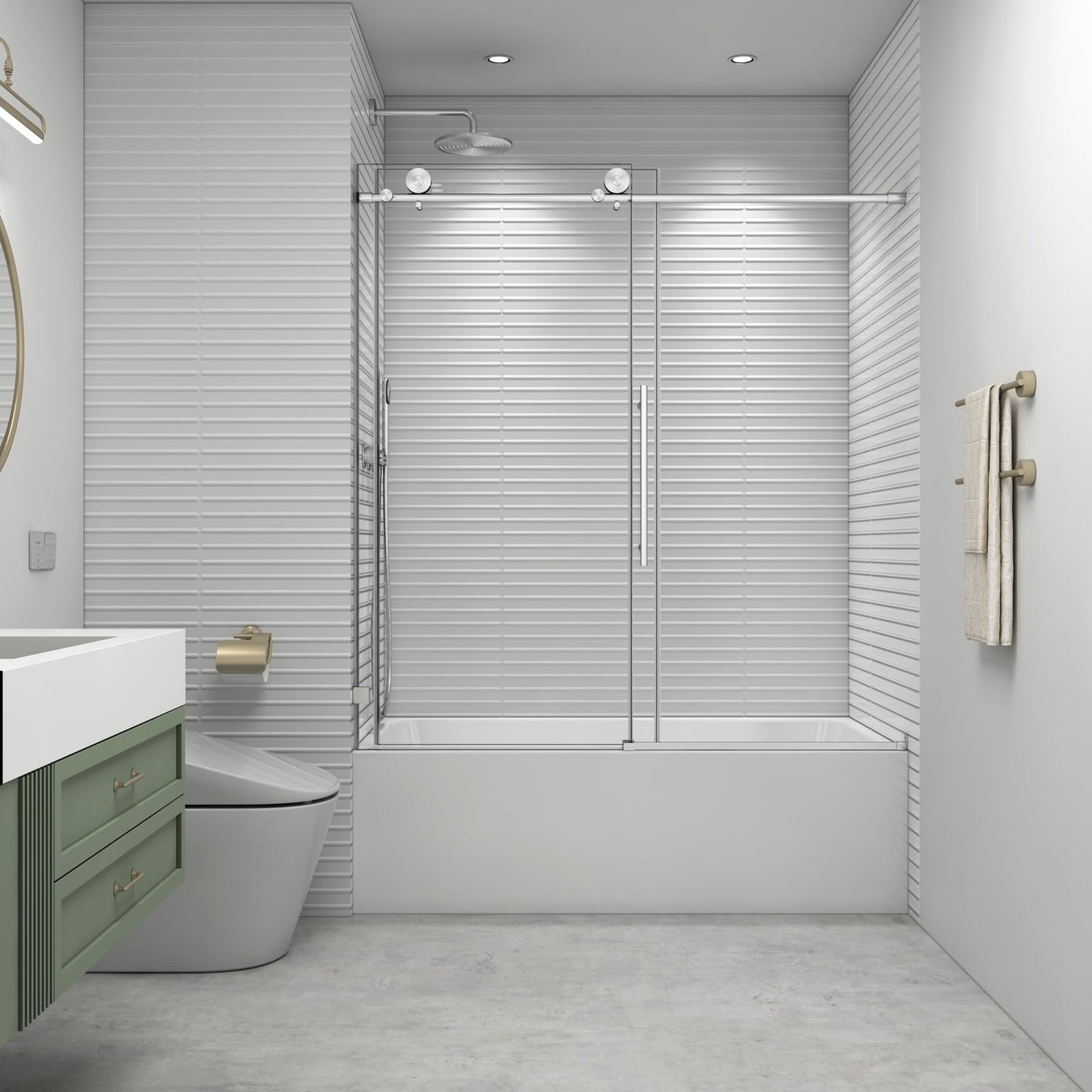 EPXMKX 55"-60" W x 63" H Bathtub Soft Closing Sliding Shower Door,Water Repellent Frameless Tub Shower Door with 5/16" (8mm) Nano Explosion-Proof Film Transparent Glass (Brushed Nickel 60" Wx63 H)