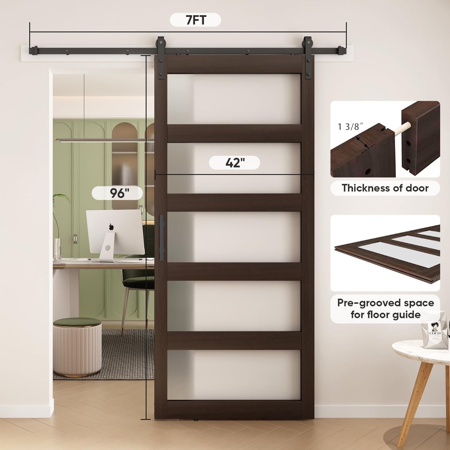 BARNSMITH 42in x 96in Glass Barn Door and 7FT Sliding Door Hardware Included, 5-Panel Frosted Glass Sliding Barn Door, Solid Wood Covered with Water-Proof PVC Surface, Easy Assembly, Brown
