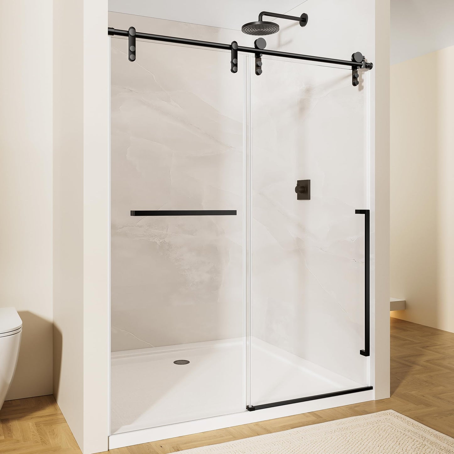 56-60" W x 75" H Glass Shower Door, Frameless Shower Door with 5/16" (8mm) Clear SGCC Tempered Glass, Explosion-Proof Film, Stainless Steel Hardware, Matte Black