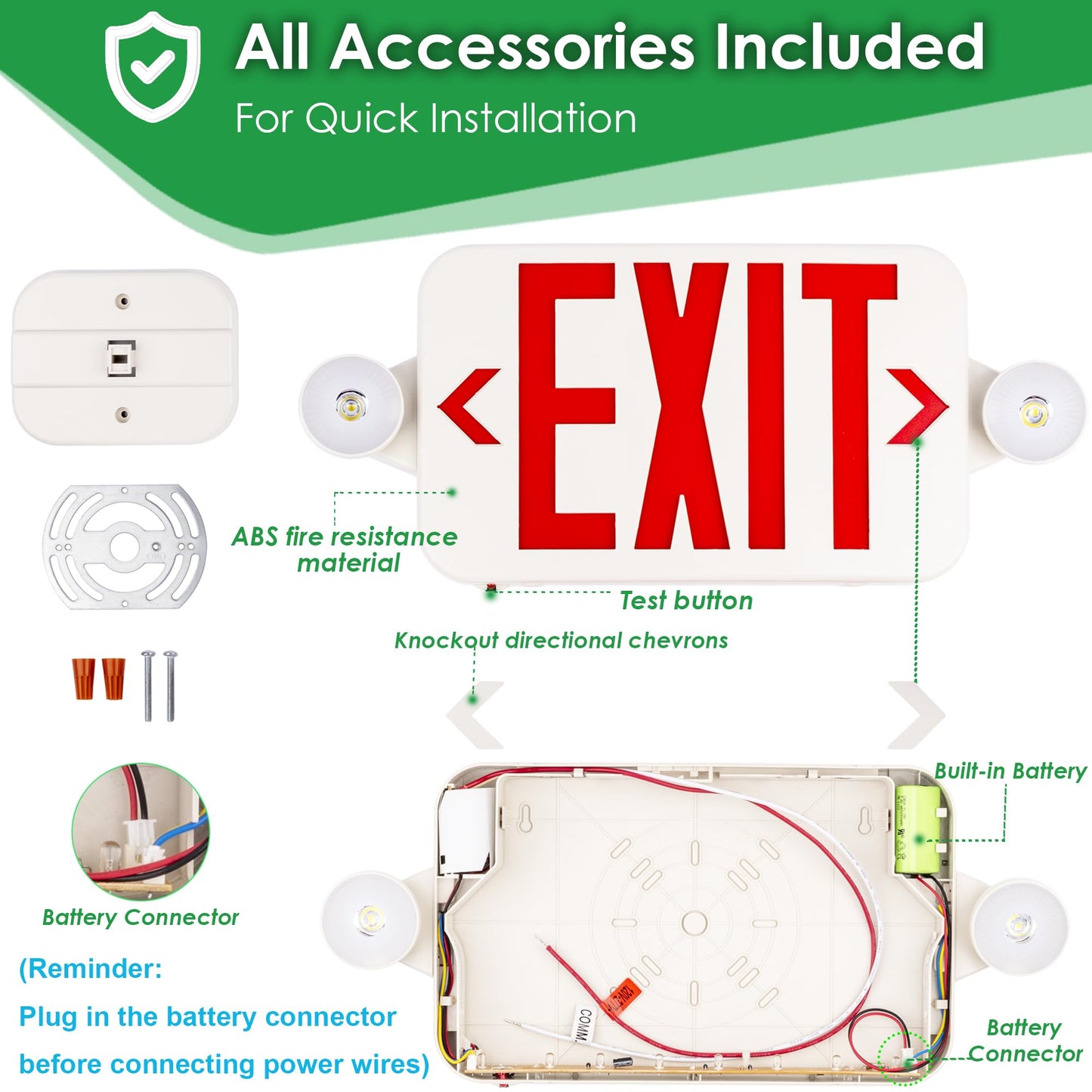 Gruenlich LED Exit Sign Combo with Emergency Lights, Adjustable Heads and Double Sided, Battery Backup, UL 924 Qualified, AC 120-277V, Commercial Emergency Exit Light for Business- 2 Pack