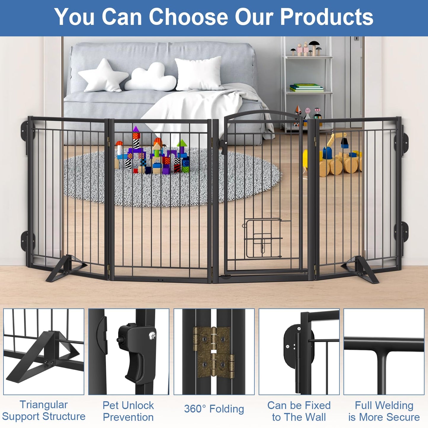 Full Metal Freestanding Dog Gate with Cat Door for Indoor & Outdoor,32" Tall Foldable Dog Fence,80" Extra Wide Freestanding Pet Gate for Large Openings,Stairs,Deck,Yard,Doorways(4 Panels,Black)