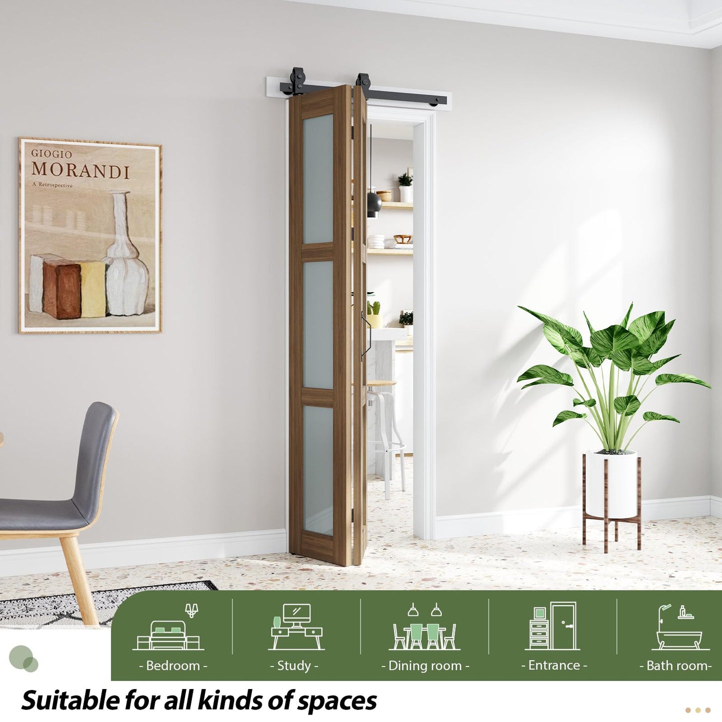 FREDBECK Glass Bifold Barn Doors 32X84(Double 16x84) with Hardware Kit Included, Brown,Water-Proof PVC Surface for Bedroom,Bathroom,Assembly Required