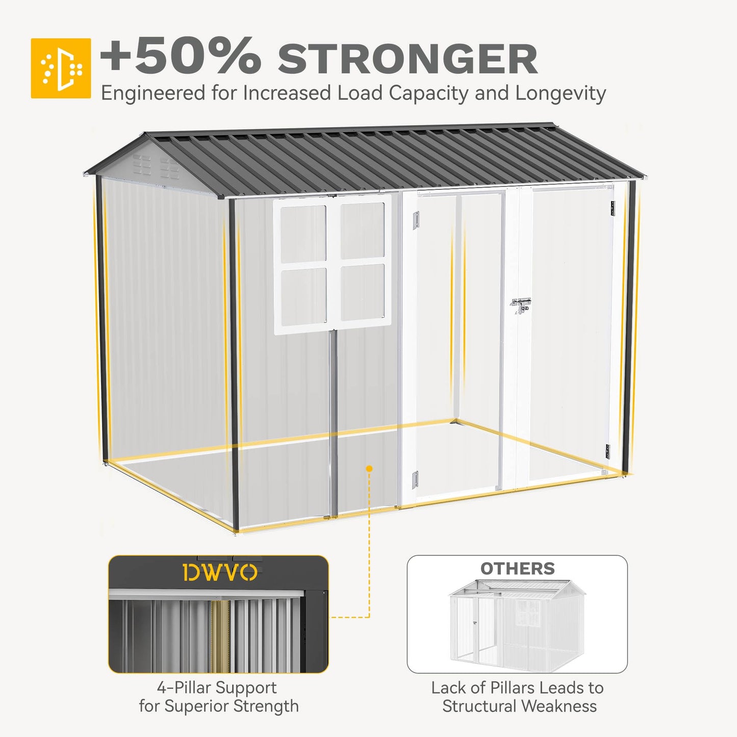 DWVO 8x6ft Large Tool Storage Shed with Window, Lockable Doors, and Sloped Roof, Oversized Steel Outdoor Storage Shed for Garden, Patio, Garage, Backyard, Lawn - Gray & White