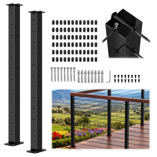 Zylorix 2Pack 42" 3-Sides Cable Railing Corner Post T304 Stainless Steel 90° T-drilled Post, 41"x2"x2" Surface Mount Fixed Top Black Cable Railing System Kit for Decks Balconys with Wire Grommets