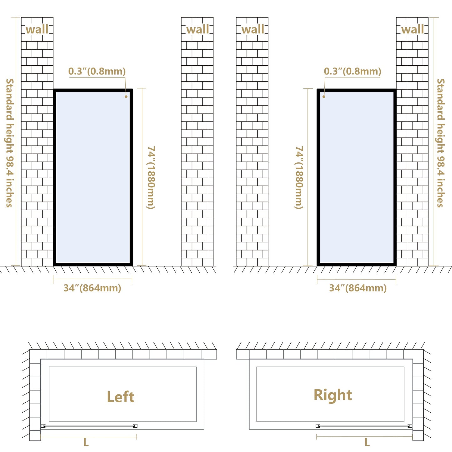 Bathroom Fixed Glass Shower Wall Panels, 34 in W x 74 in H Framed Tempered Shower Glass Panel for Open Walk-in Bathroom and Bathtub, Clear Glass Shower Panel with Matte Brushed Gold Finish