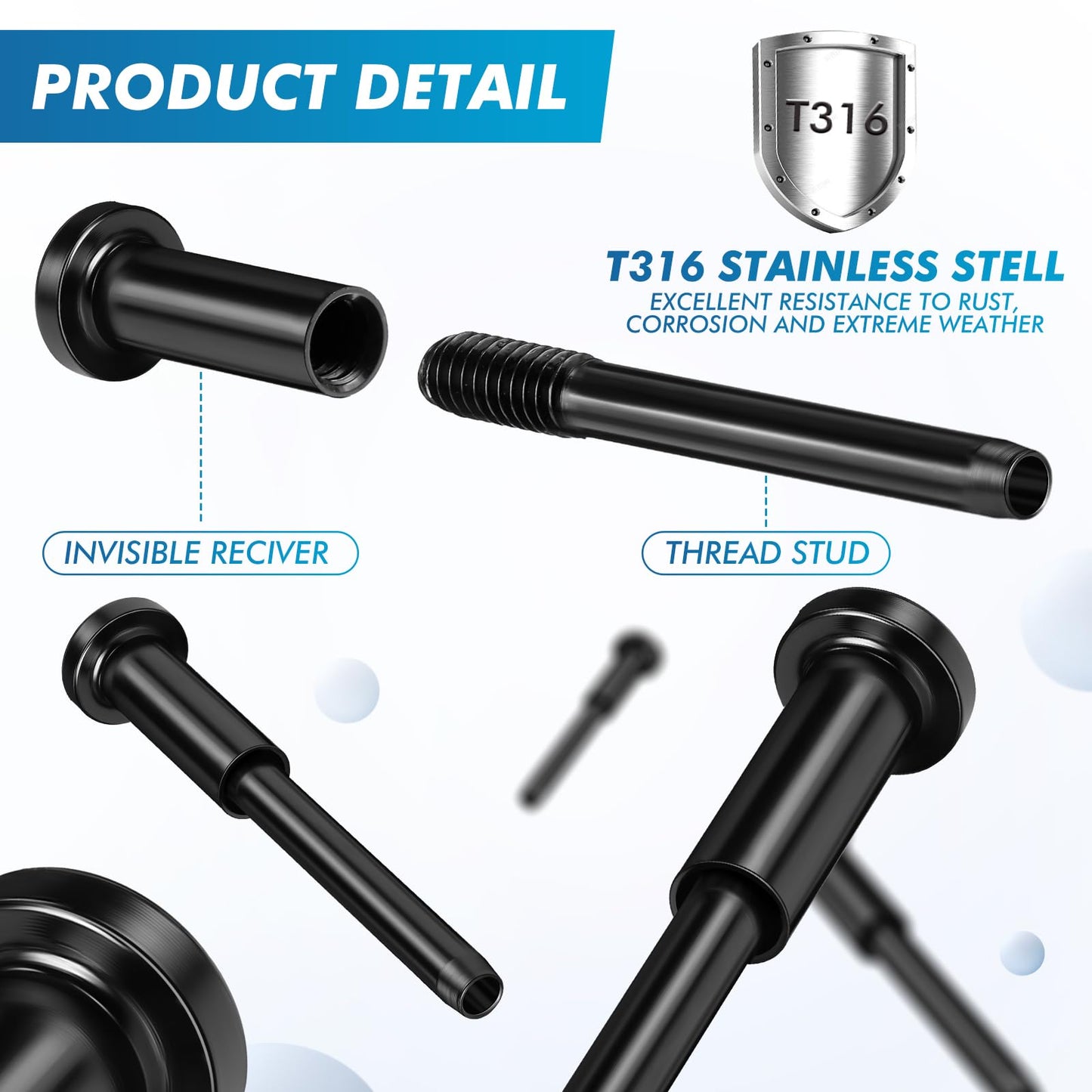 Blulu 120 Pack Invisible Cable Railing kit, T316 Stainless Steel 1/8" Invisible Receiver and Swage Stud End for Cable Railing, Swage Tensioner 1/8" for Wood/Metal Post, Hardware (Black)