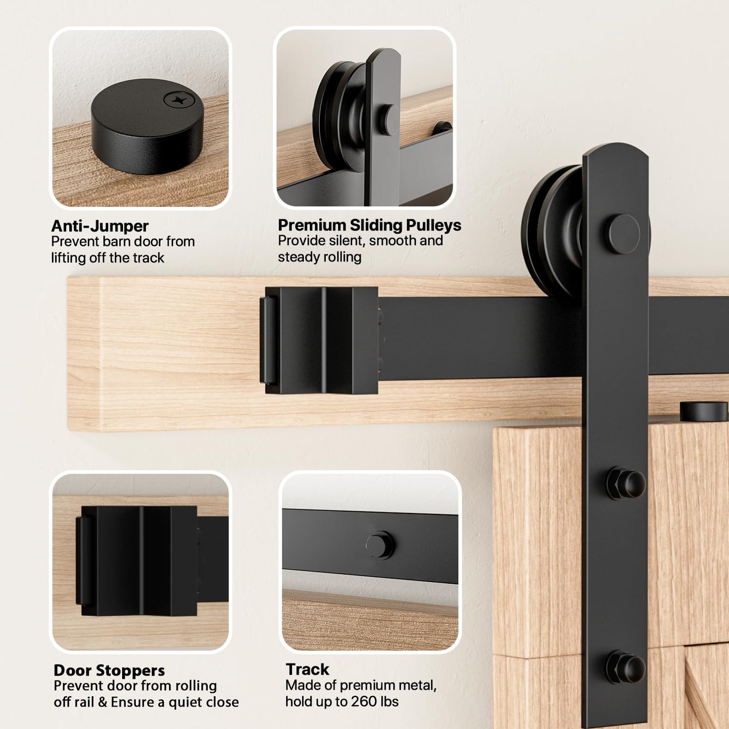 Signstek 8FT Sliding Barn Door Hardware Kit Heavy Duty with Door Hook, Adjustable Floor Guide and 2 Handles -Easy to Install, Smoothly and Quietly, Fit 1 3/8-1 3/4" Thickness -Black, I Shape Hanger