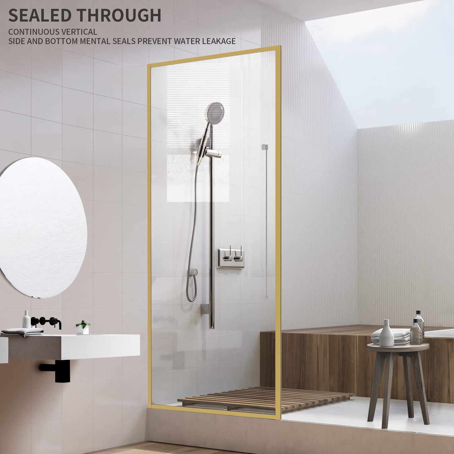 Bathroom Fixed Glass Shower Wall Panels, 34 in W x 74 in H Framed Tempered Shower Glass Panel for Open Walk-in Bathroom and Bathtub, Clear Glass Shower Panel with Matte Brushed Gold Finish
