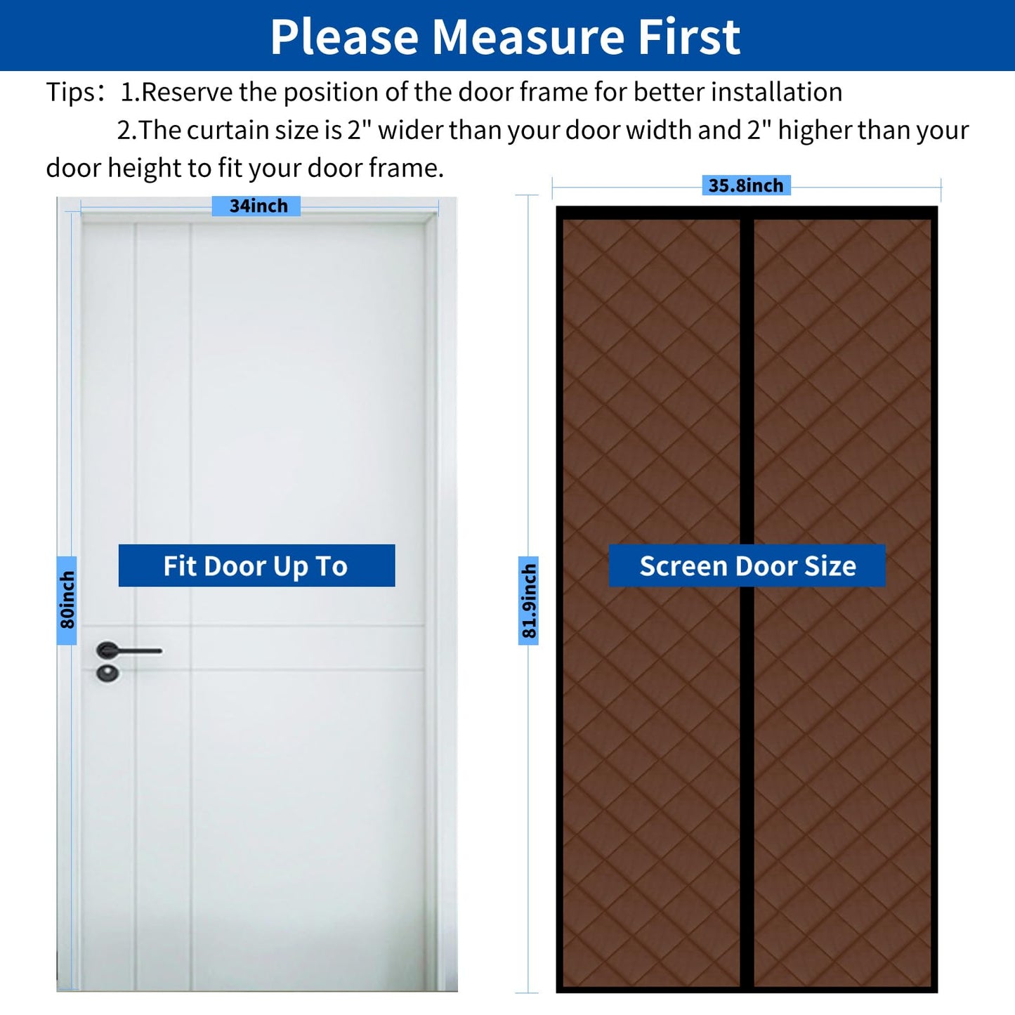 Magnetic Thermal Insulated Door Curtain Thickened, PU Material Hands Free Automatic Closing Durable Windproof Waterproof Door Screen, Fits Door Size up to 34'' x 80'', Brown
