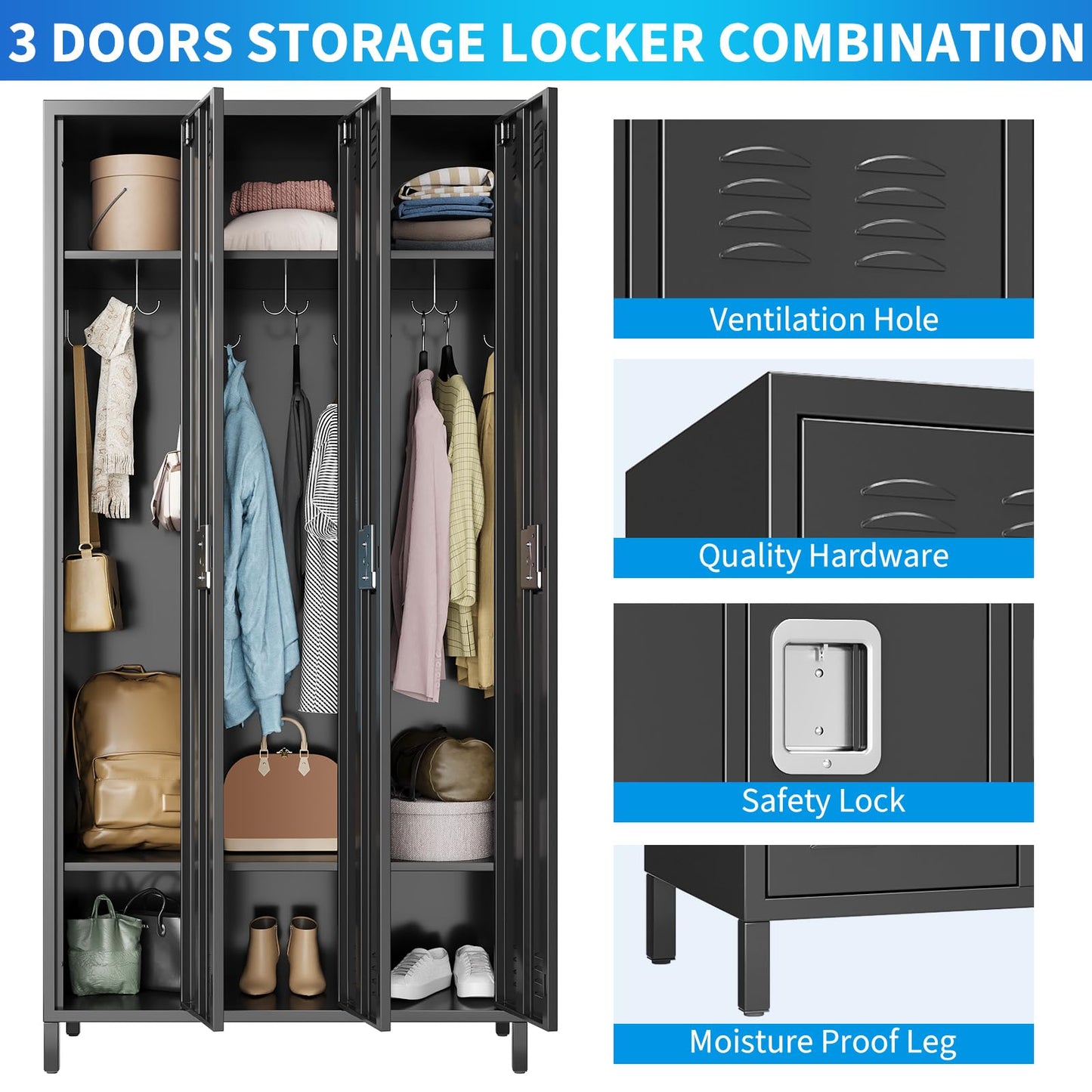 Garvee Metal Lockers for Employees 3 Doors, Office and Industrial Storage Cabinet, Double-Tier Metal Locker, Employee Metal Storage Unit, Suitable for Home, Office, Gym, School