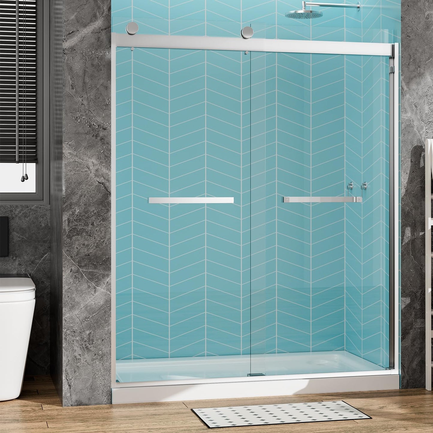 Sliding Shower Door, 57-60" W x 72" H Glass Shower Door, 5/16" (8mm) SGCC Clear Tempered Glass, Quiet Soft-Close, Explosion-Proof Film Nano Coating (Silver)