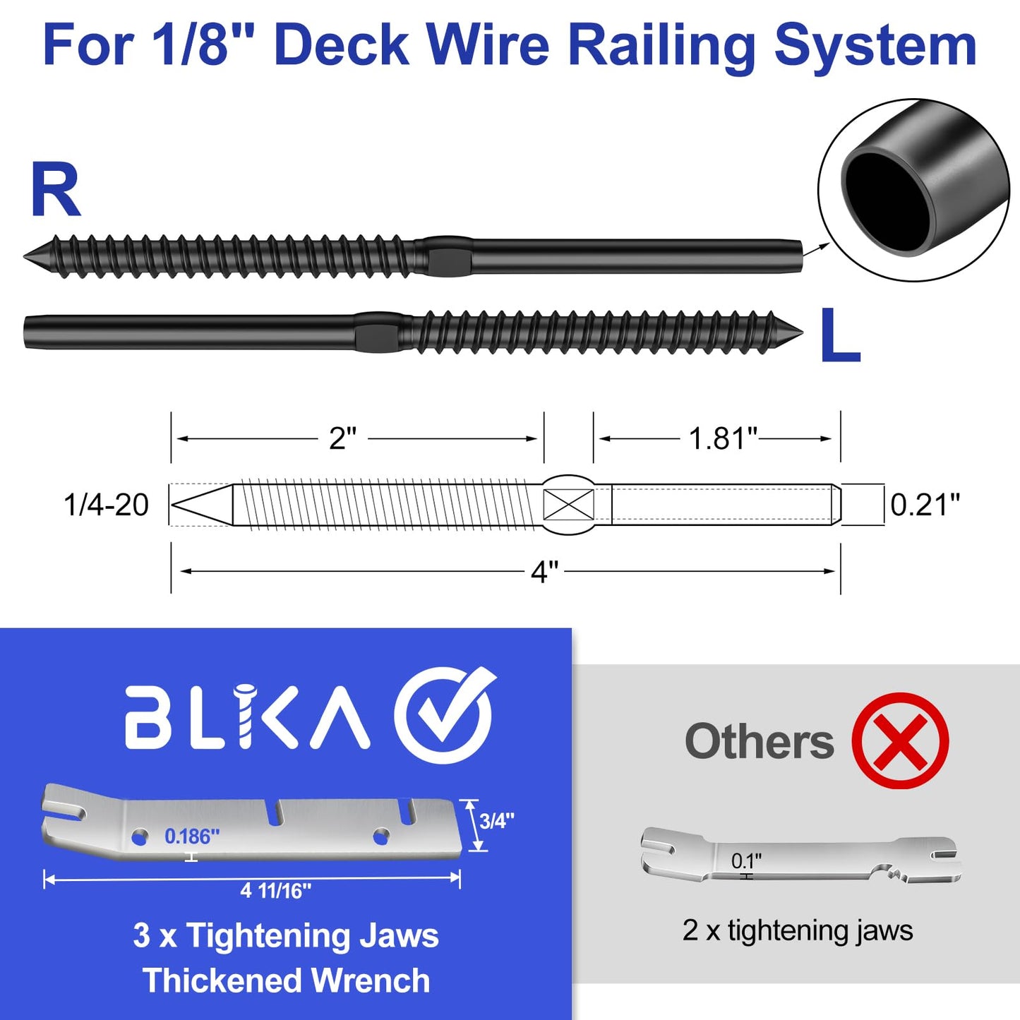 BLIKA 100 Pack T316 Stainless Steel Black Right&Left Handed Thread Swage Lag Screws for Wood Posts of 1/8" Deck Cable Railing Kit, Wire Railing Kit for Decks with Wrench, DIY Wood Baluster