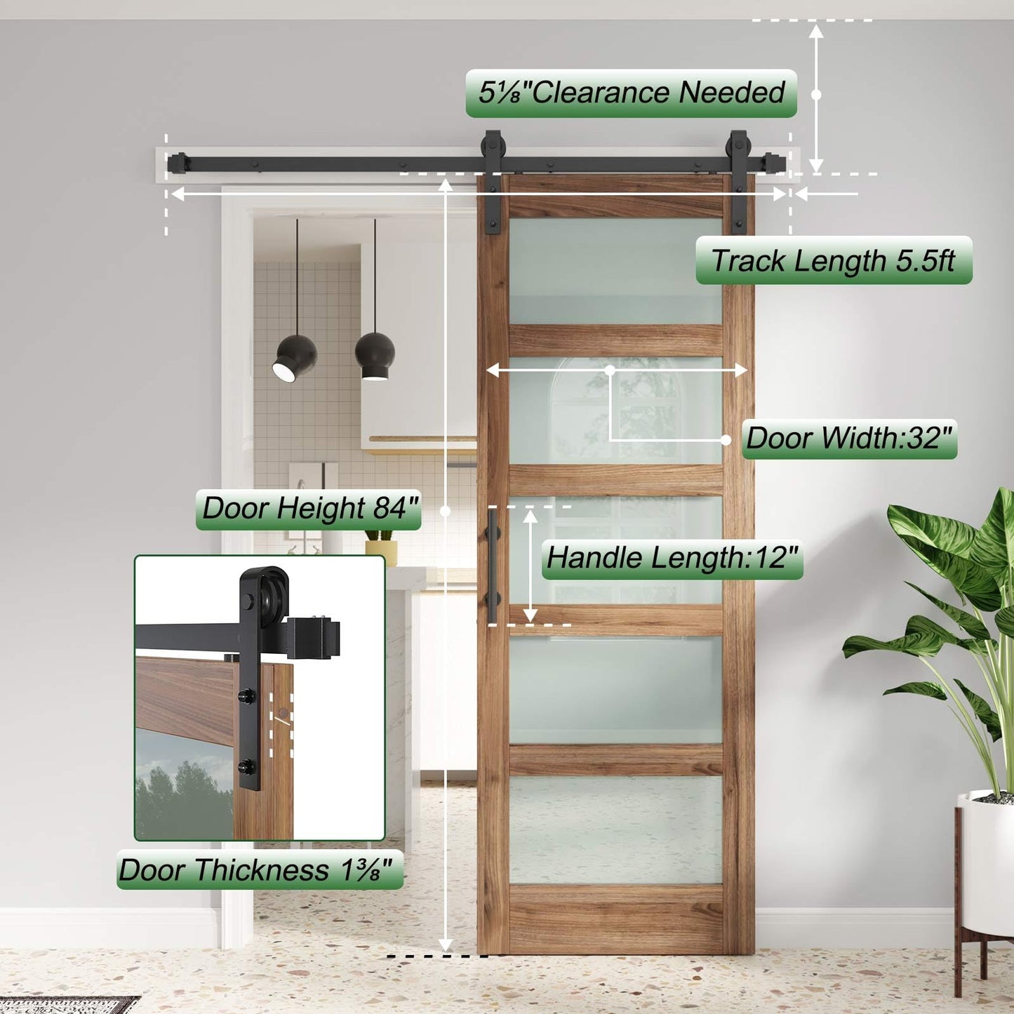 FREDBECK 32 x 84 inch Glass Barn Door with 5.5FT Barn Door Hardware Kit & Handle Included,5-Panel Frosted Glass,Water-Proof Surface,Pre-Drilled Holes,Need Assembly