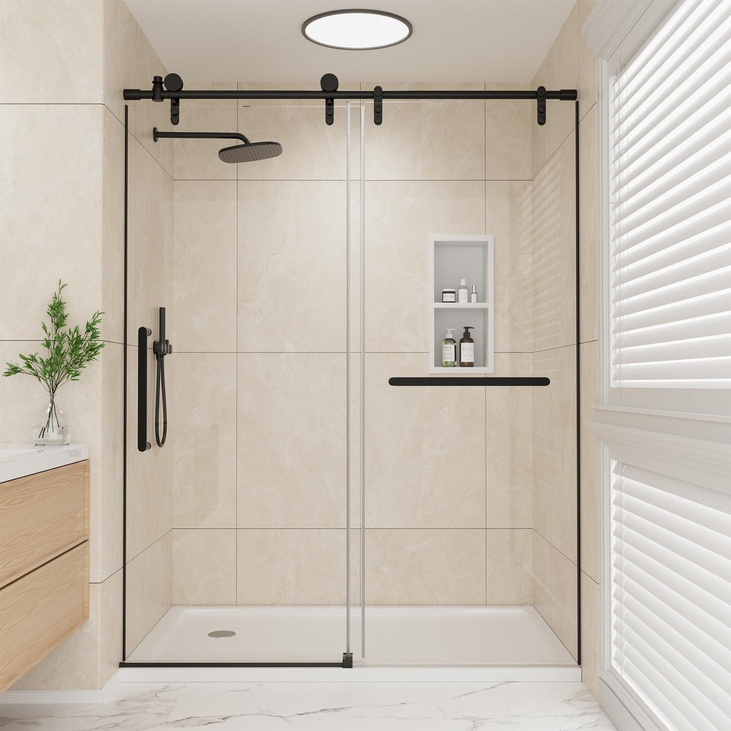 Mybos 74 x 60 Shower Door, Frameless Shower Door, Sliding Shower Glass Door with 5/16" (8mm) Clear SGCC Tempered Glass, Explosion-Proof Film, Stainless Steel Handle, Matte Black