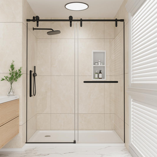 Mybos 74 x 60 Shower Door, Frameless Shower Door, Sliding Shower Glass Door with 5/16" (8mm) Clear SGCC Tempered Glass, Explosion-Proof Film, Stainless Steel Handle, Matte Black